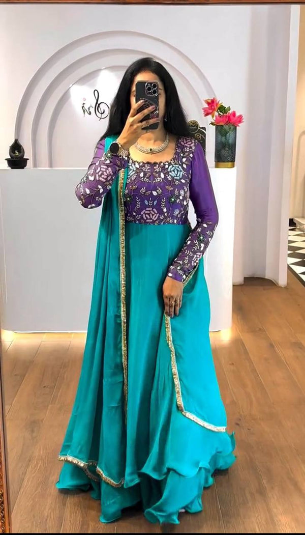 Party Wear Sky Blue Color Chinon And Embroidery Thread Work Designer Gown