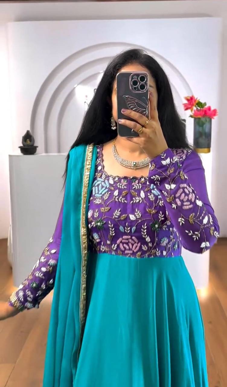 Party Wear Sky Blue Color Chinon And Embroidery Thread Work Designer Gown
