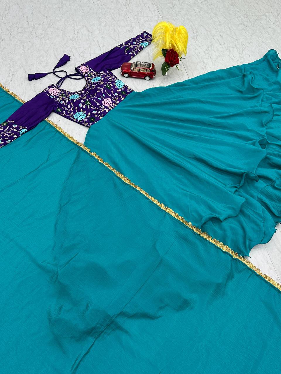 Party Wear Sky Blue Color Chinon And Embroidery Thread Work Designer Gown