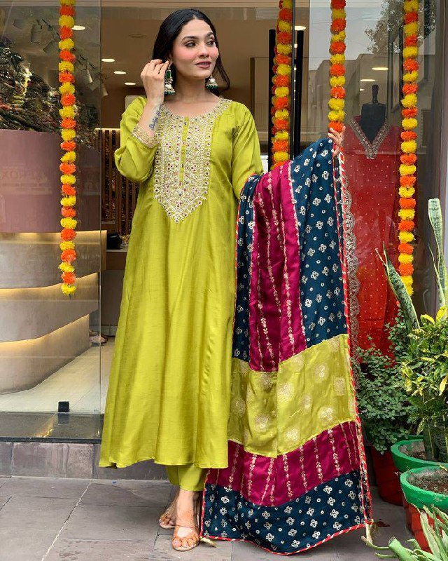 Trendy Parrot Green Color Viscose Chanderi With Embroidery Work Beautiful Kurta Set