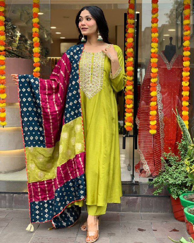 Trendy Parrot Green Color Viscose Chanderi With Embroidery Work Beautiful Kurta Set