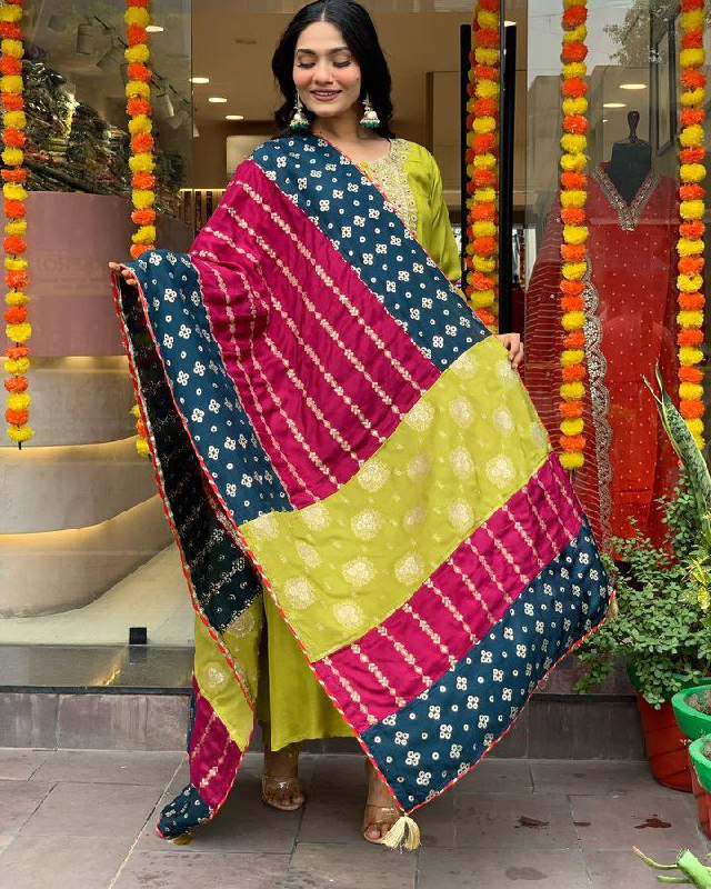 Trendy Parrot Green Color Viscose Chanderi With Embroidery Work Beautiful Kurta Set