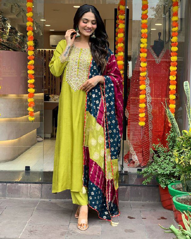 Trendy Parrot Green Color Viscose Chanderi With Embroidery Work Beautiful Kurta Set