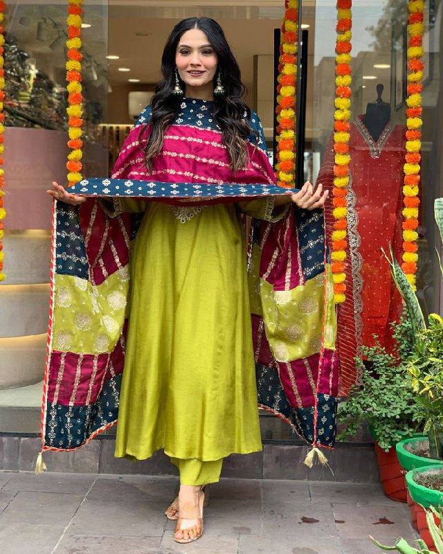 Trendy Parrot Green Color Viscose Chanderi With Embroidery Work Beautiful Kurta Set