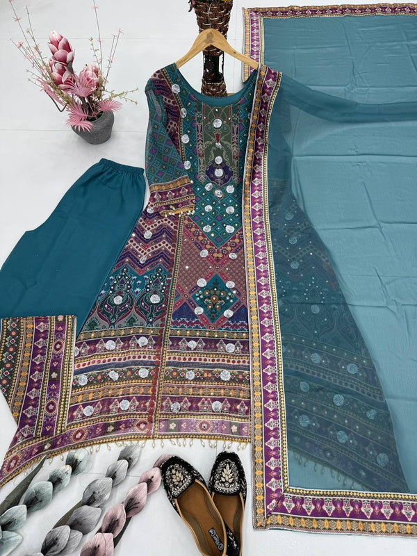 Blissful Teal Color Heavy Faux Georgette Digital Print With Real Mirror Work Palazzo Suit