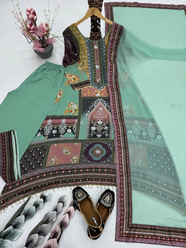 Blissful Green Color Heavy Faux Georgette Digital Print With Real Mirror Work Palazzo Suit