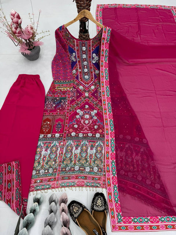 Blissful Pink Color Heavy Faux Georgette Digital Print With Real Mirror Work Palazzo Suit