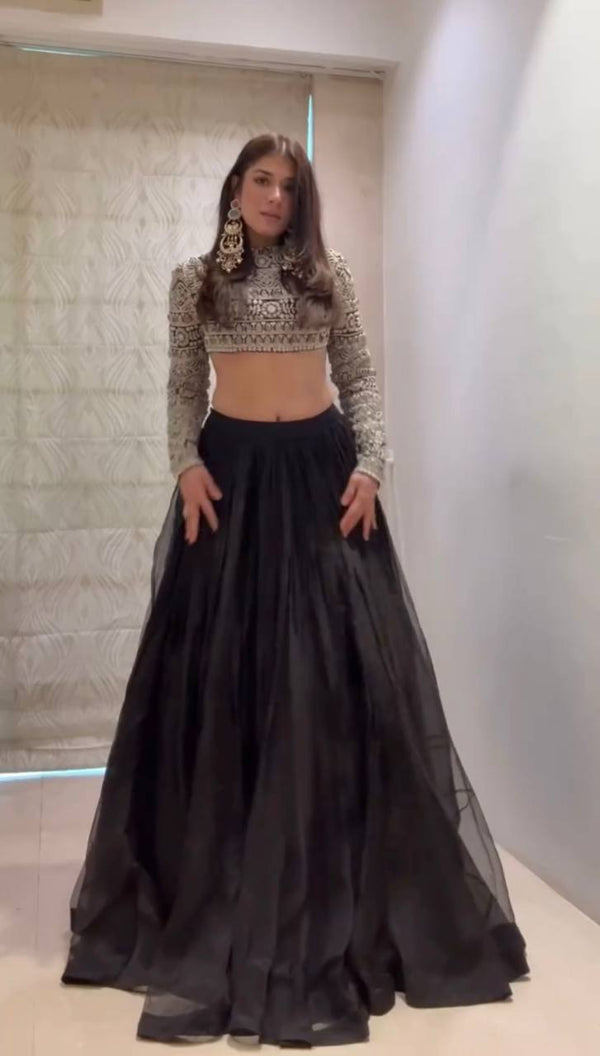 Elegant Black Color Organza Embroidery Lehenga Choli Set