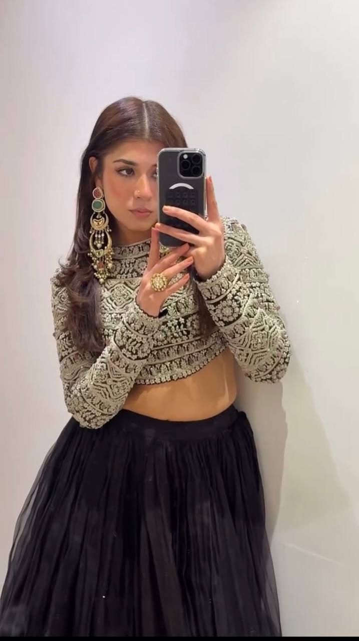Elegant Black Color Organza Embroidery Lehenga Choli Set