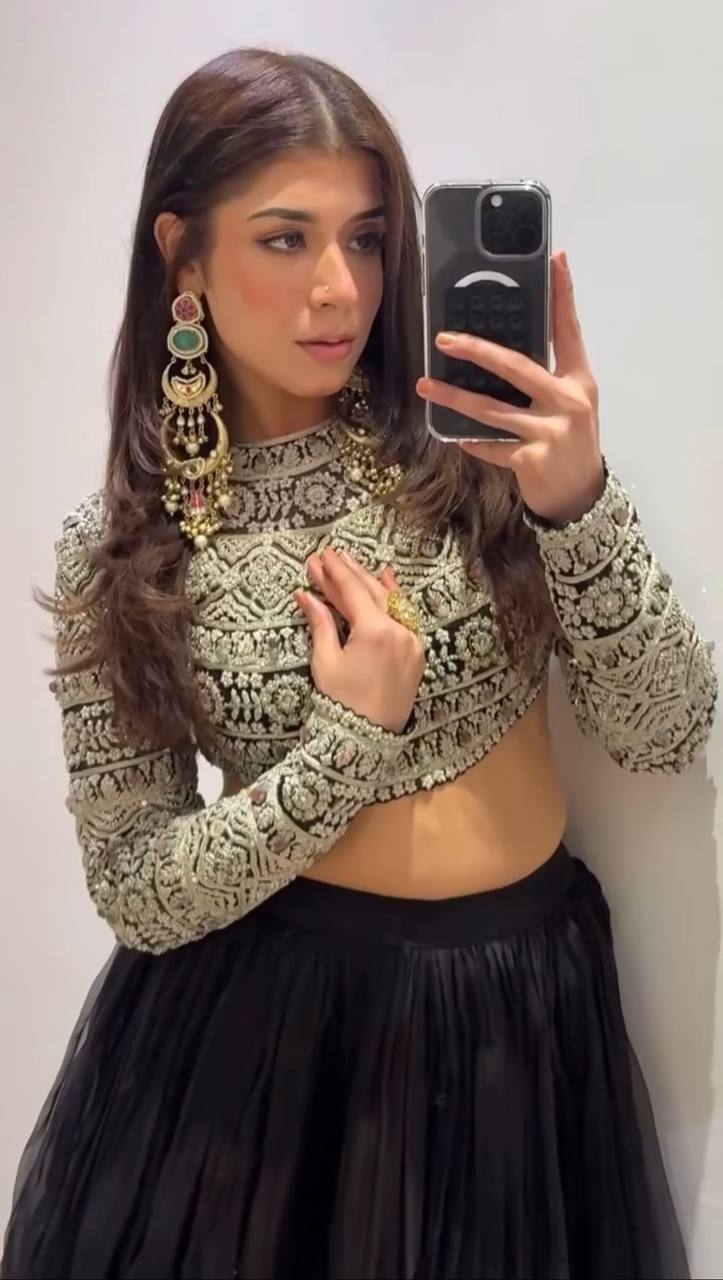 Elegant Black Color Organza Embroidery Lehenga Choli Set