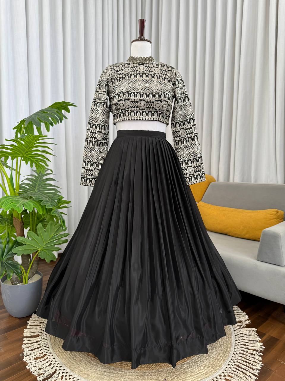Elegant Black Color Organza Embroidery Lehenga Choli Set