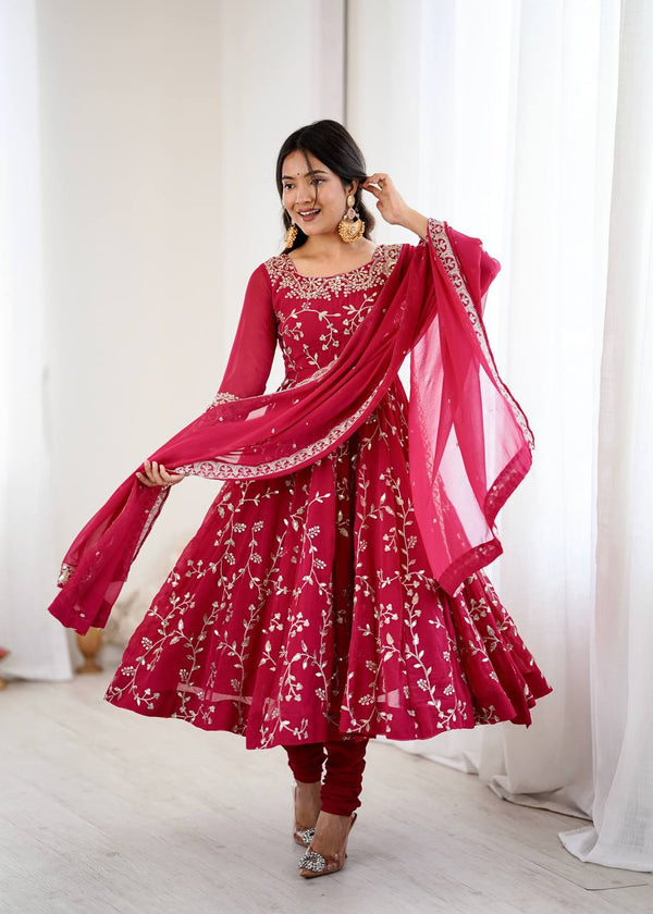 Arti Chahan's Red Color Embroidery Work Anarkali Suit