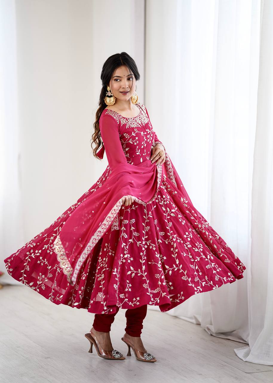 Arti Chahan's Red Color Embroidery Work Anarkali Suit