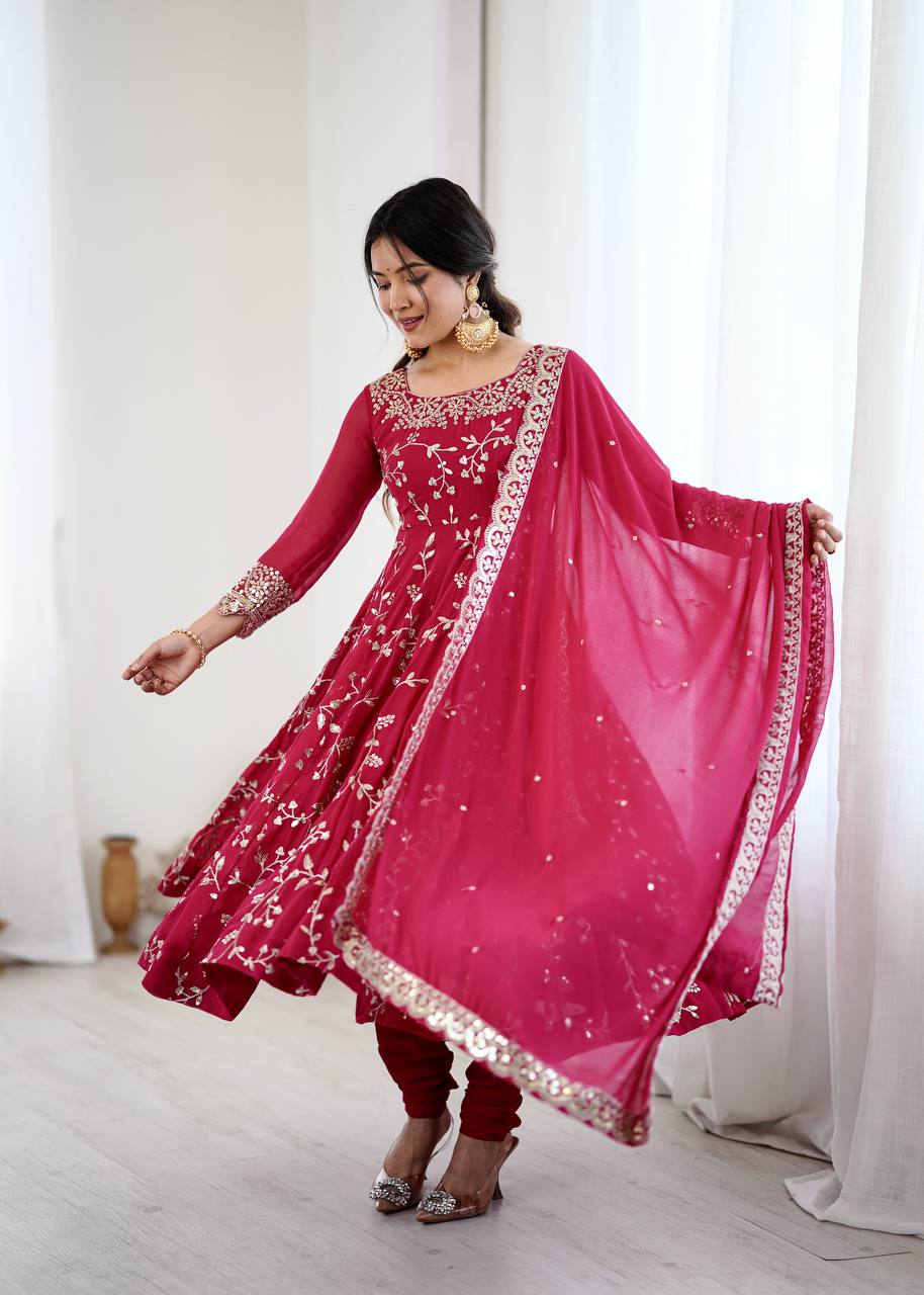Arti Chahan's Red Color Embroidery Work Anarkali Suit