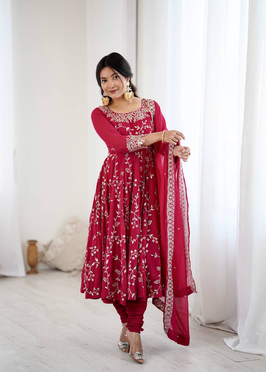 Arti Chahan's Red Color Embroidery Work Anarkali Suit