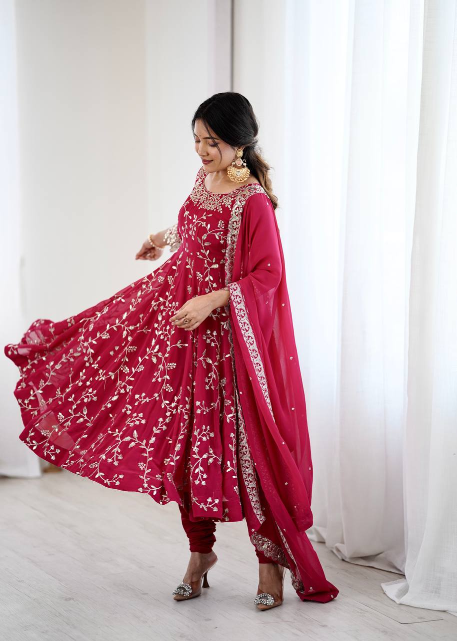 Arti Chahan's Red Color Embroidery Work Anarkali Suit