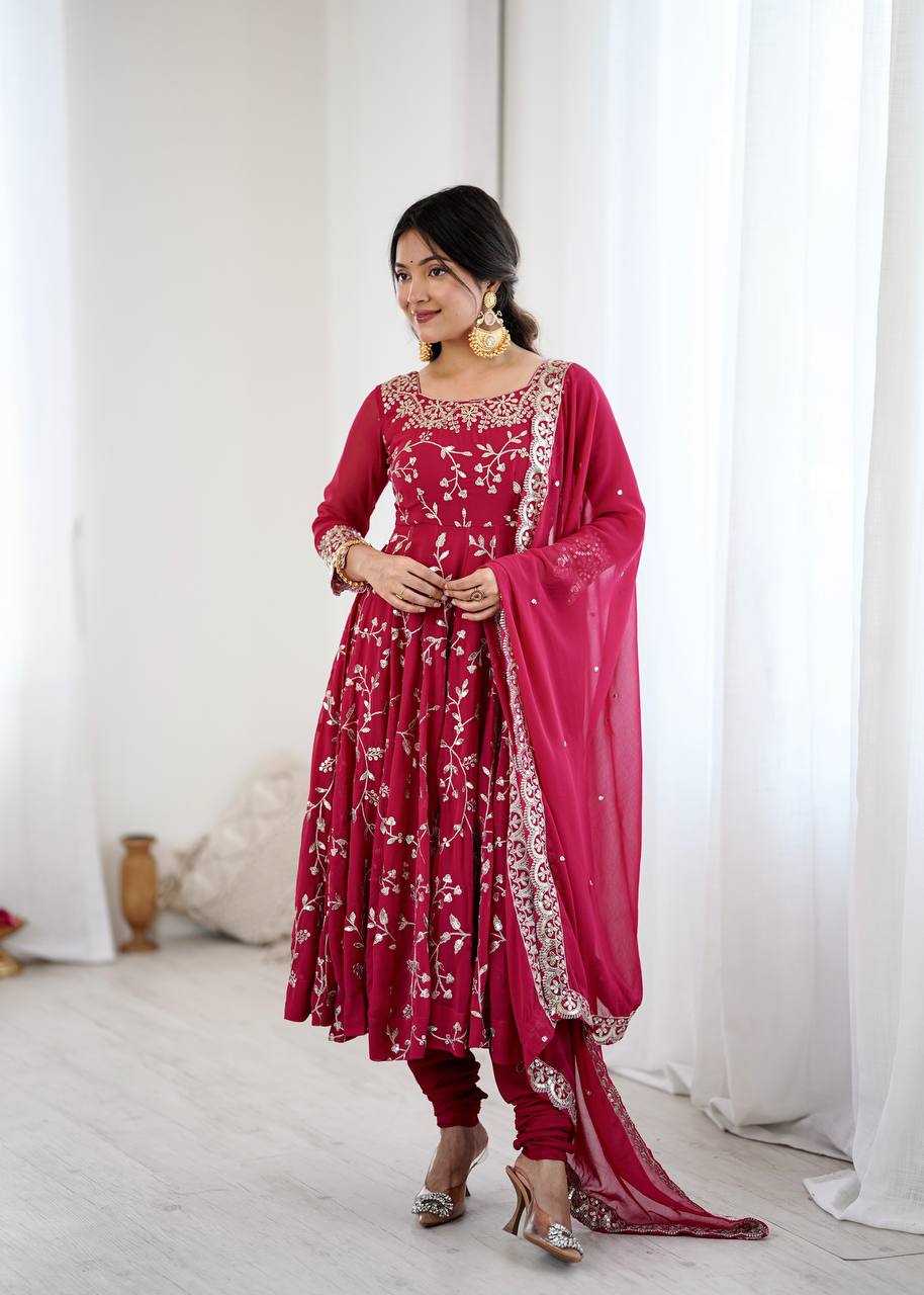 Arti Chahan's Red Color Embroidery Work Anarkali Suit