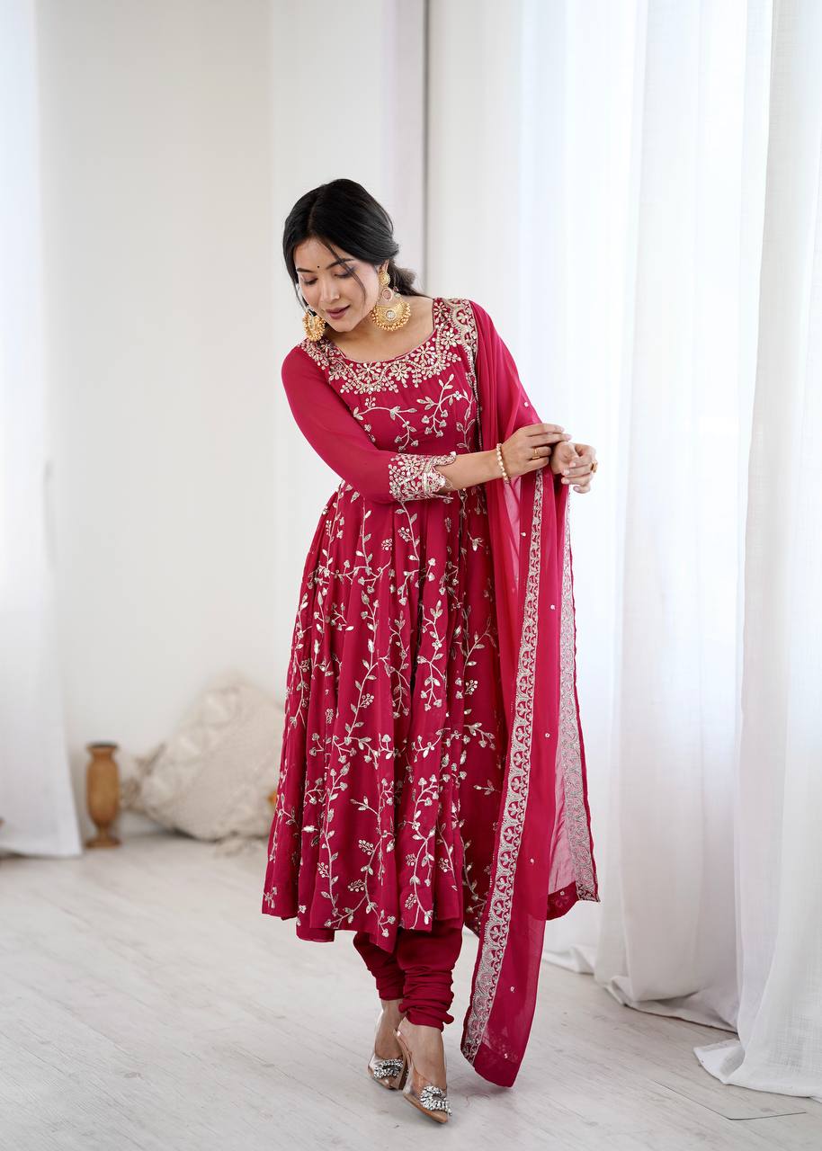 Arti Chahan's Red Color Embroidery Work Anarkali Suit