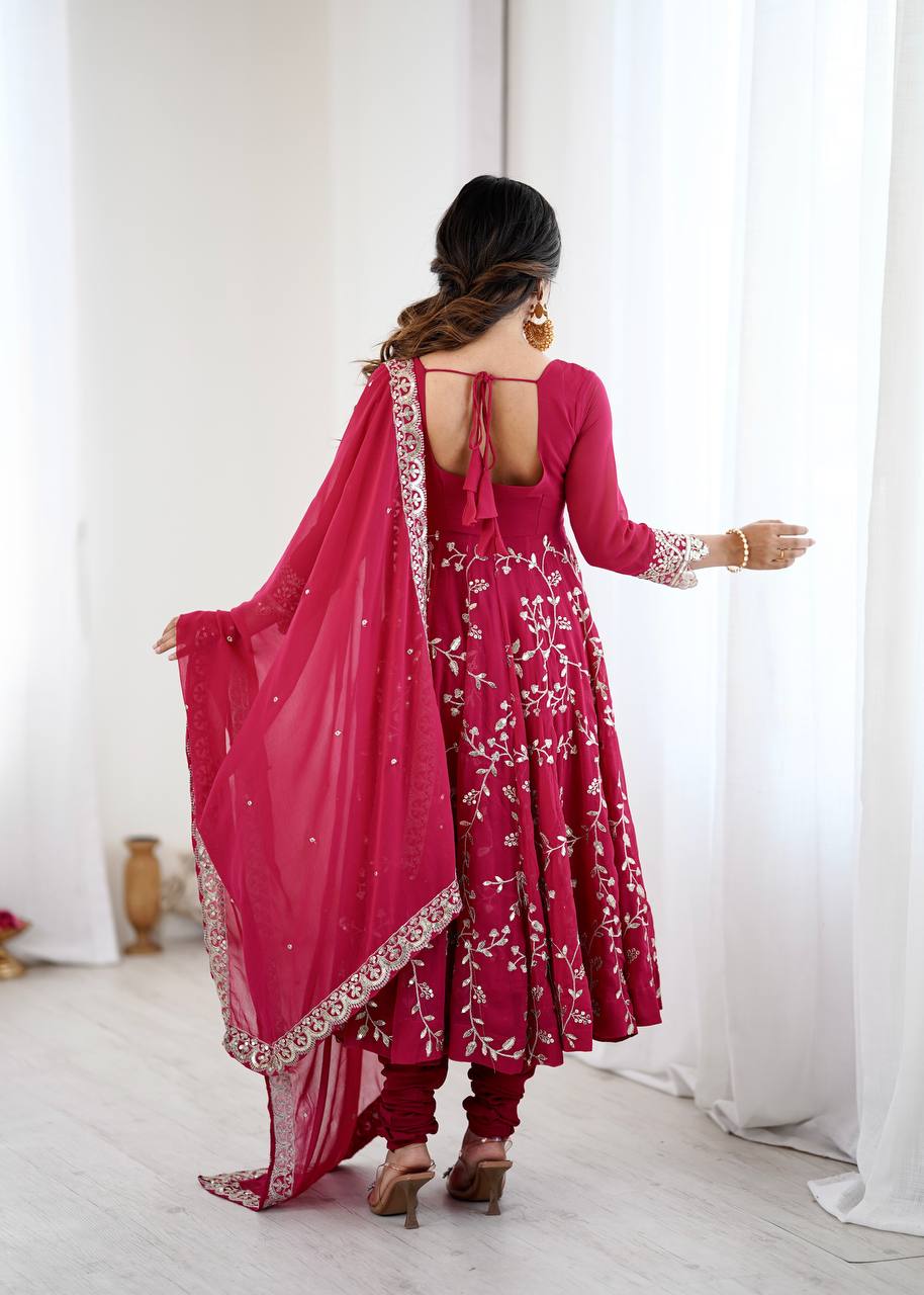 Arti Chahan's Red Color Embroidery Work Anarkali Suit