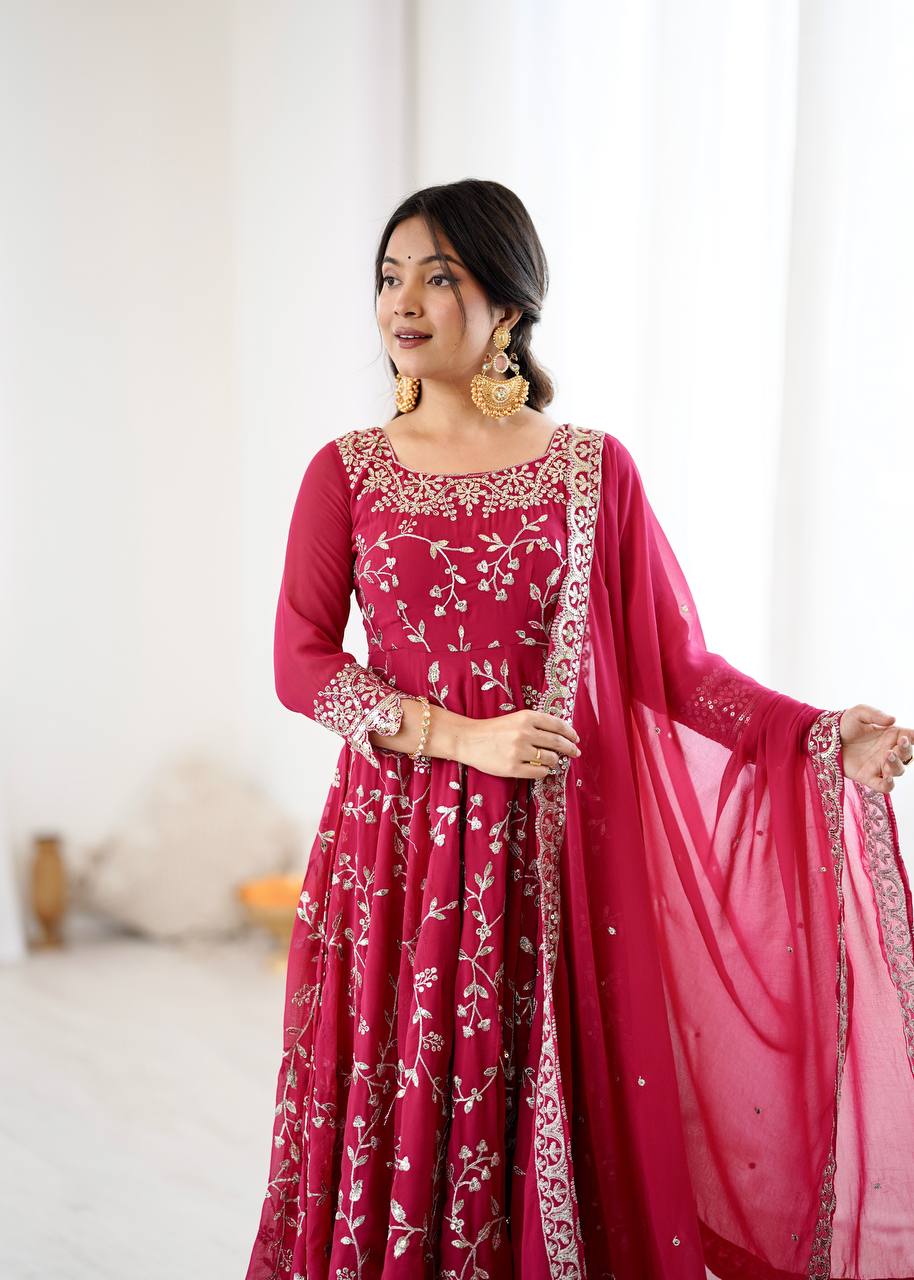 Arti Chahan's Red Color Embroidery Work Anarkali Suit