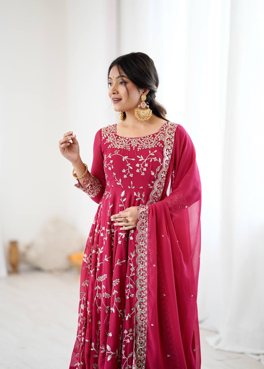 Arti Chahan's Red Color Embroidery Work Anarkali Suit