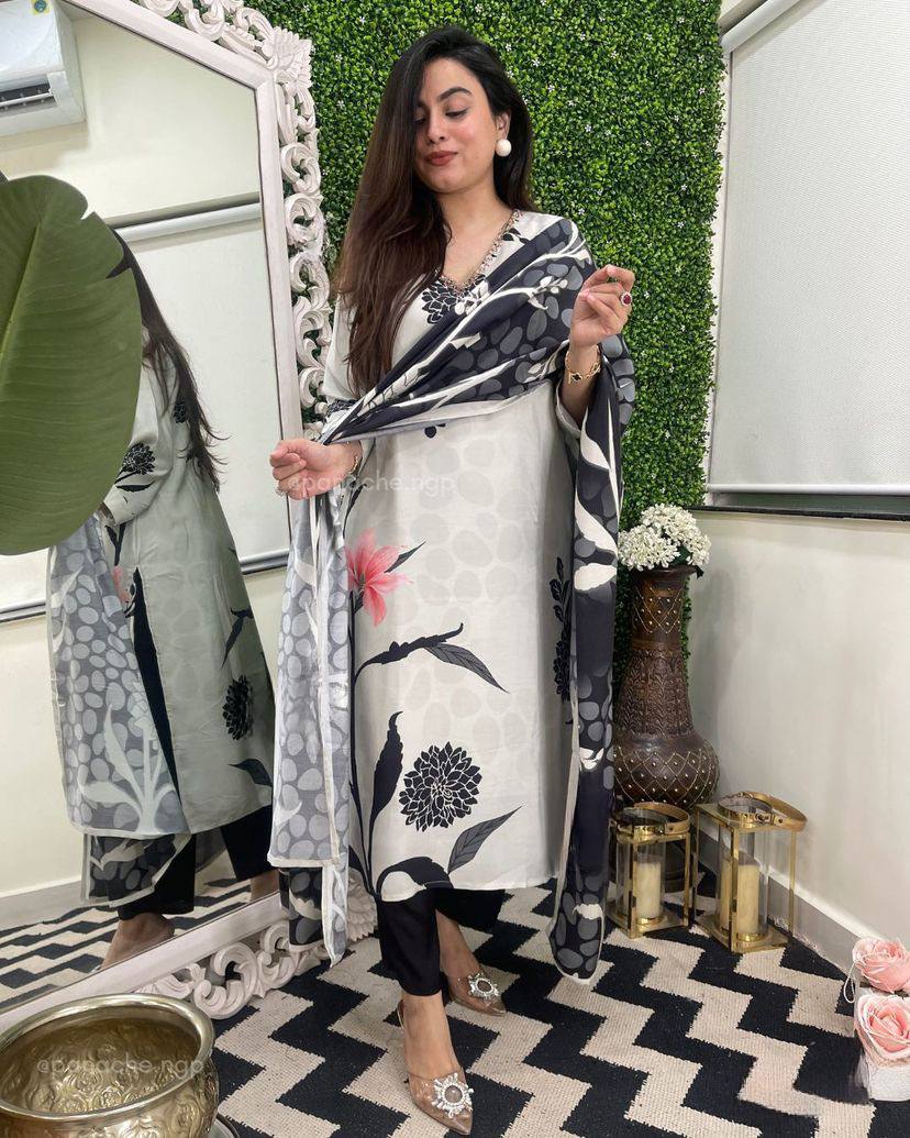 Delightful White Color Viscose Rayon With Printed Work Designer Kurta Set