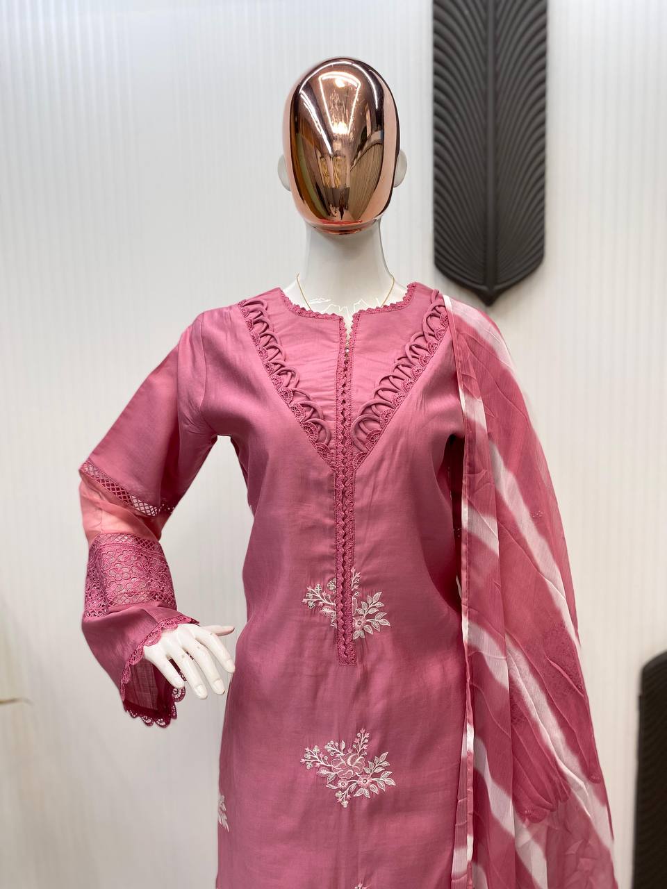 Outstanding Baby Pink Color Roman Silk With Embroidery Work Salwar Suit