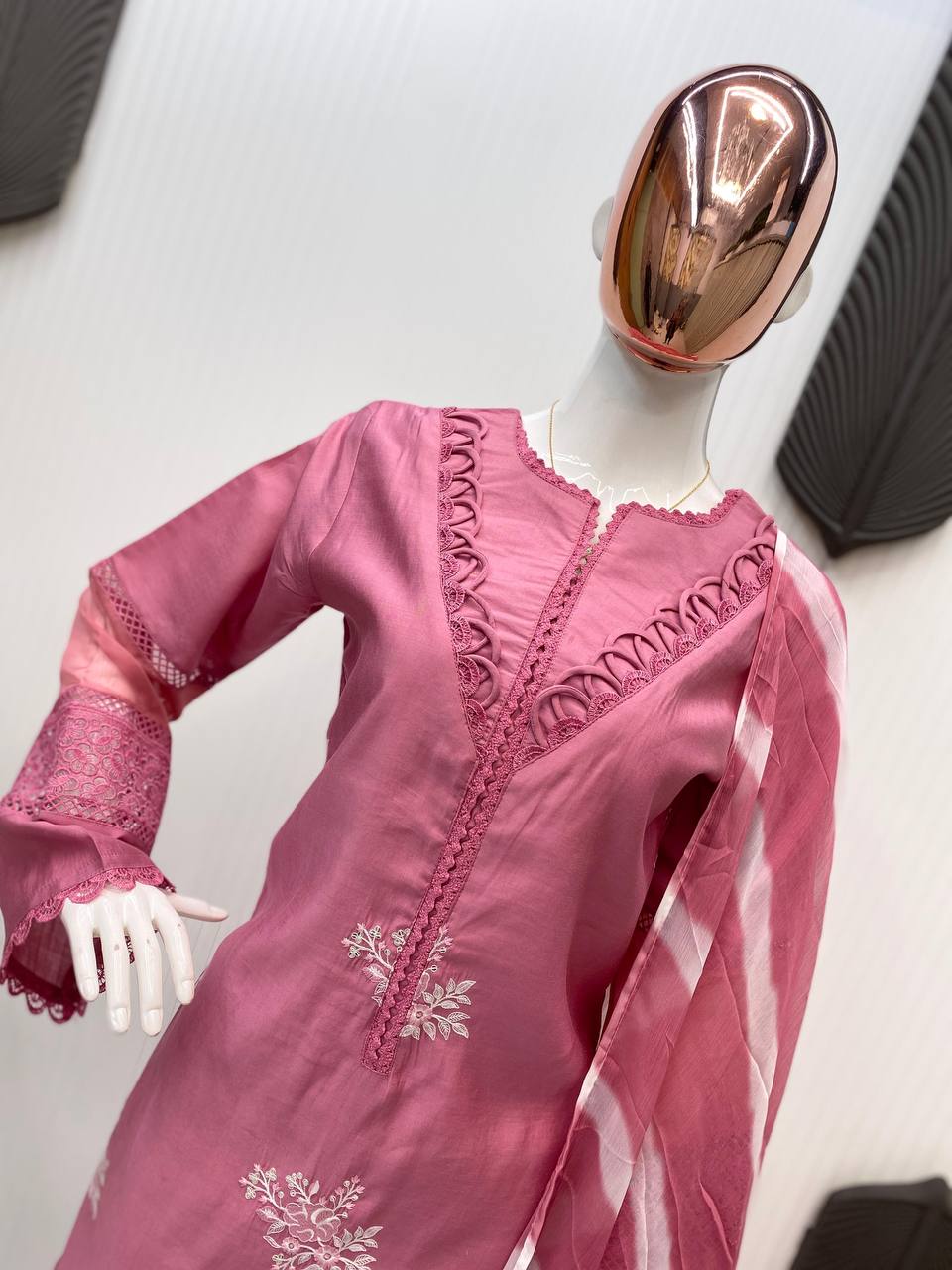 Outstanding Baby Pink Color Roman Silk With Embroidery Work Salwar Suit