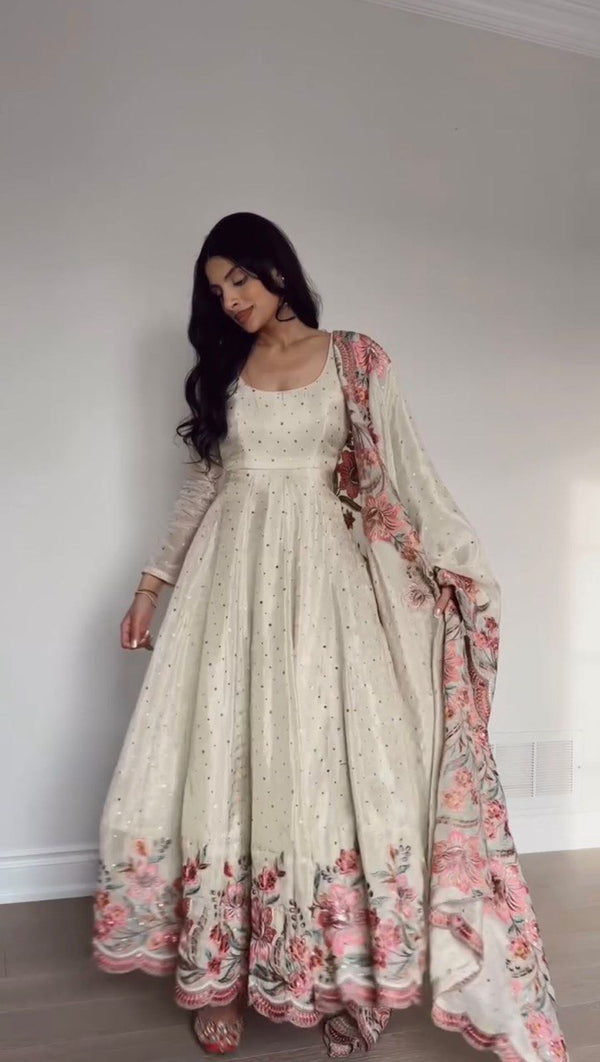 Embellished Off White Color Chinon Silk Thread With Sequence Work Anarkali Gown