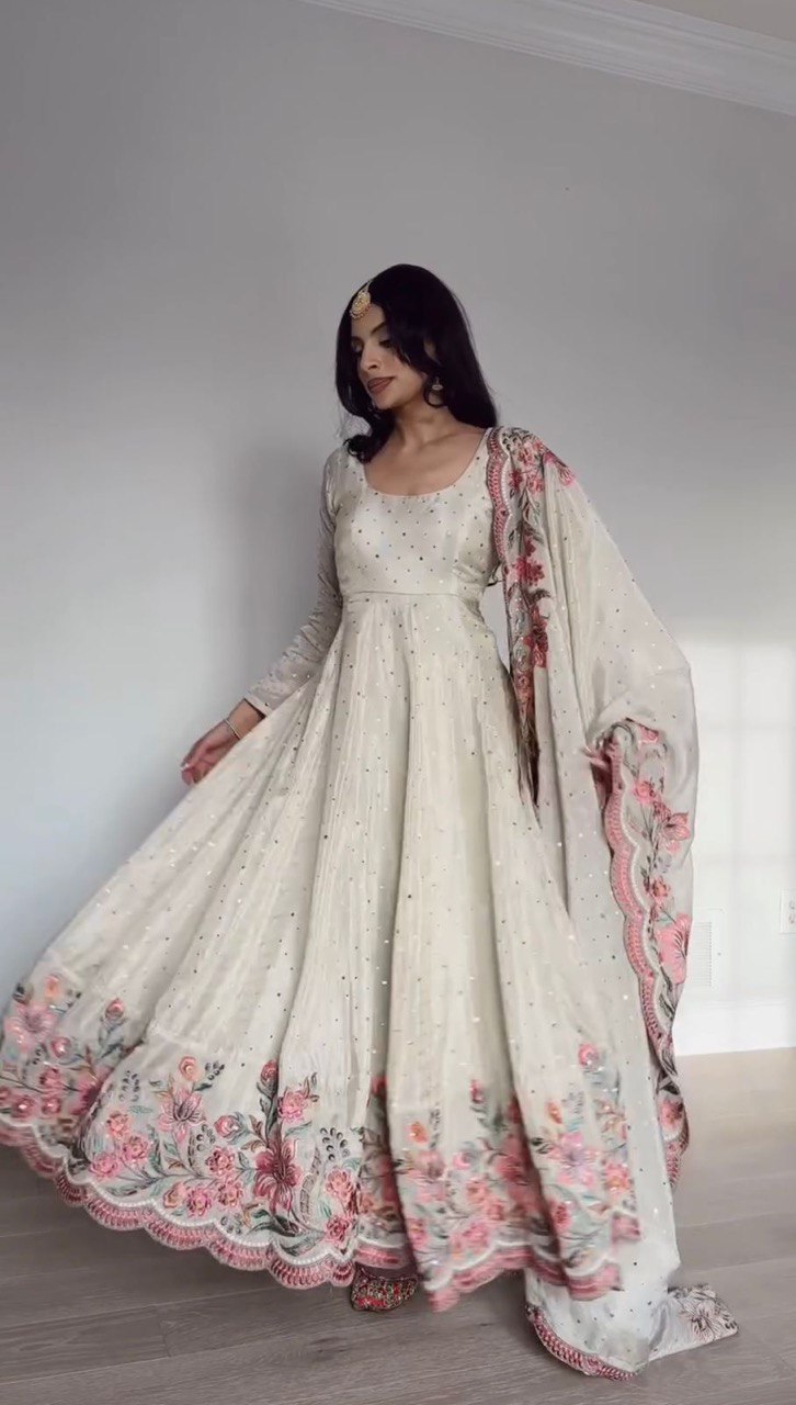 Embellished Off White Color Chinon Silk Thread With Sequence Work Anarkali Gown