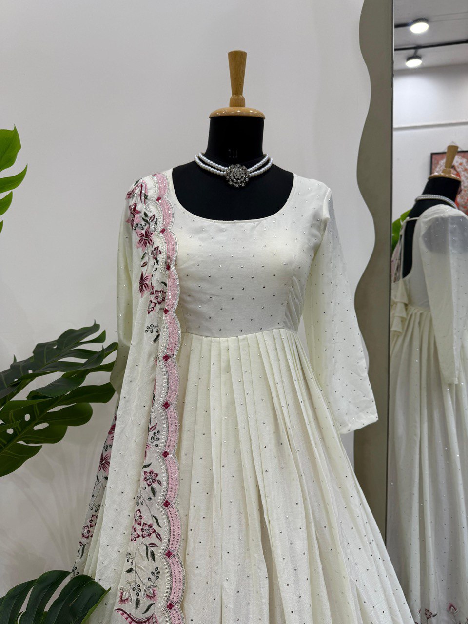 Embellished Off White Color Chinon Silk Thread With Sequence Work Anarkali Gown
