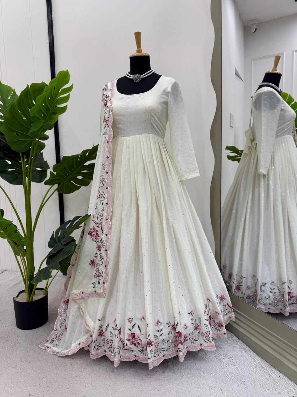 Embellished Off White Color Chinon Silk Thread With Sequence Work Anarkali Gown
