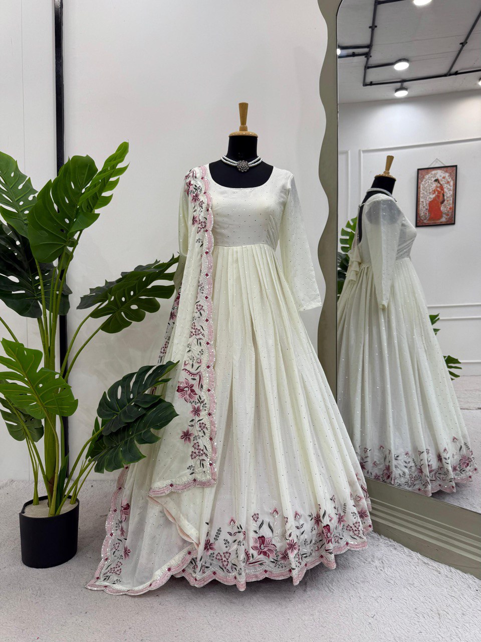 Embellished Off White Color Chinon Silk Thread With Sequence Work Anarkali Gown