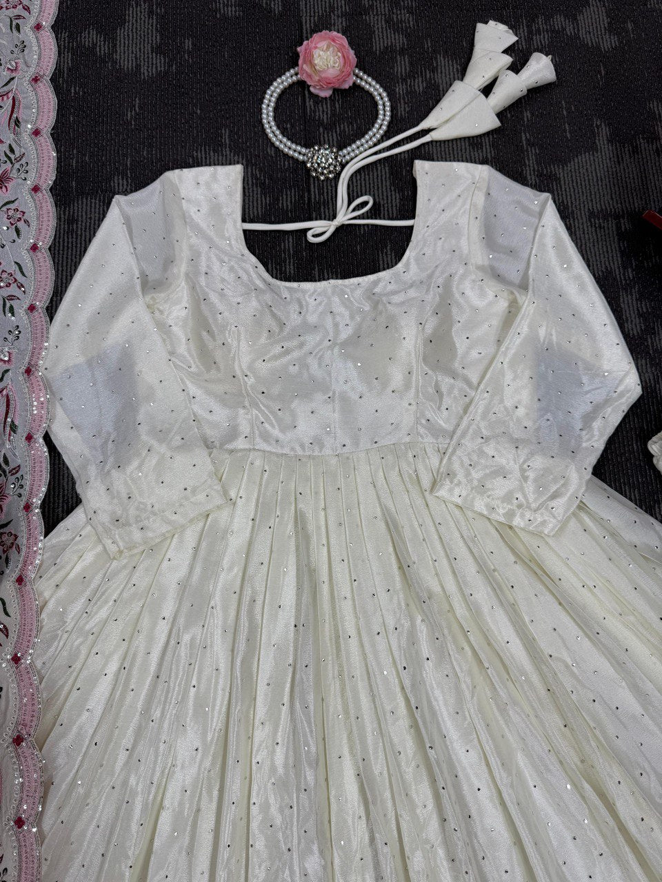 Embellished Off White Color Chinon Silk Thread With Sequence Work Anarkali Gown