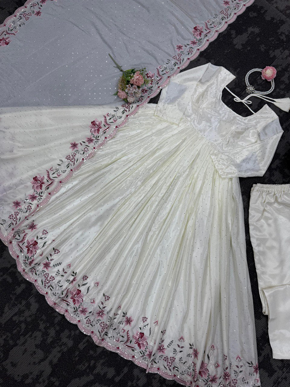 Embellished Off White Color Chinon Silk Thread With Sequence Work Anarkali Gown