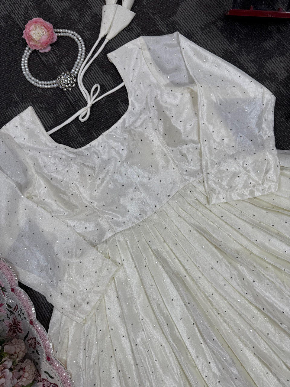 Embellished Off White Color Chinon Silk Thread With Sequence Work Anarkali Gown