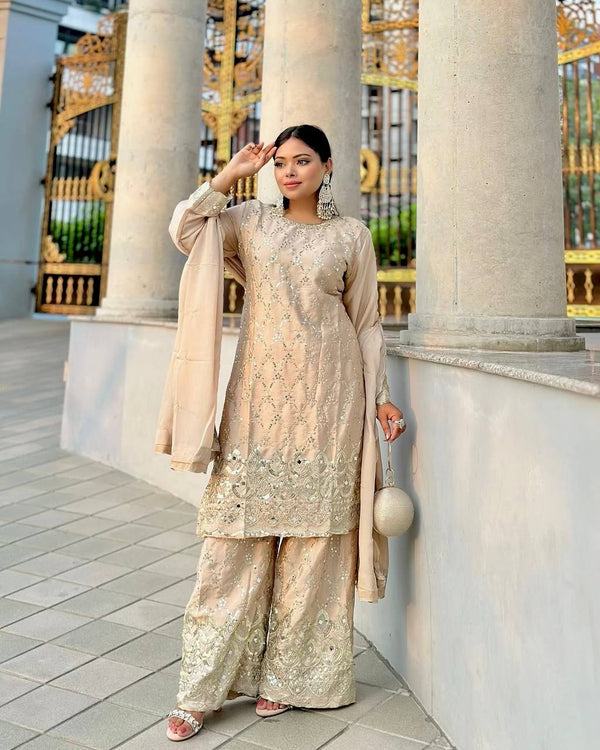 Wedding Wear Cream Color Chinon Silk With Embroidery Sequence Work Sharara Suit