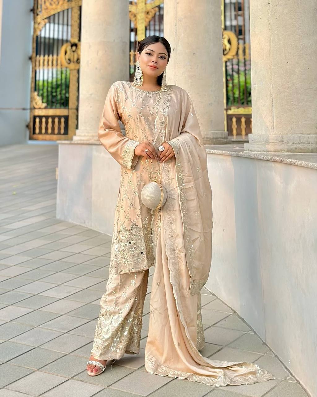 Wedding Wear Cream Color Chinon Silk With Embroidery Sequence Work Sharara Suit