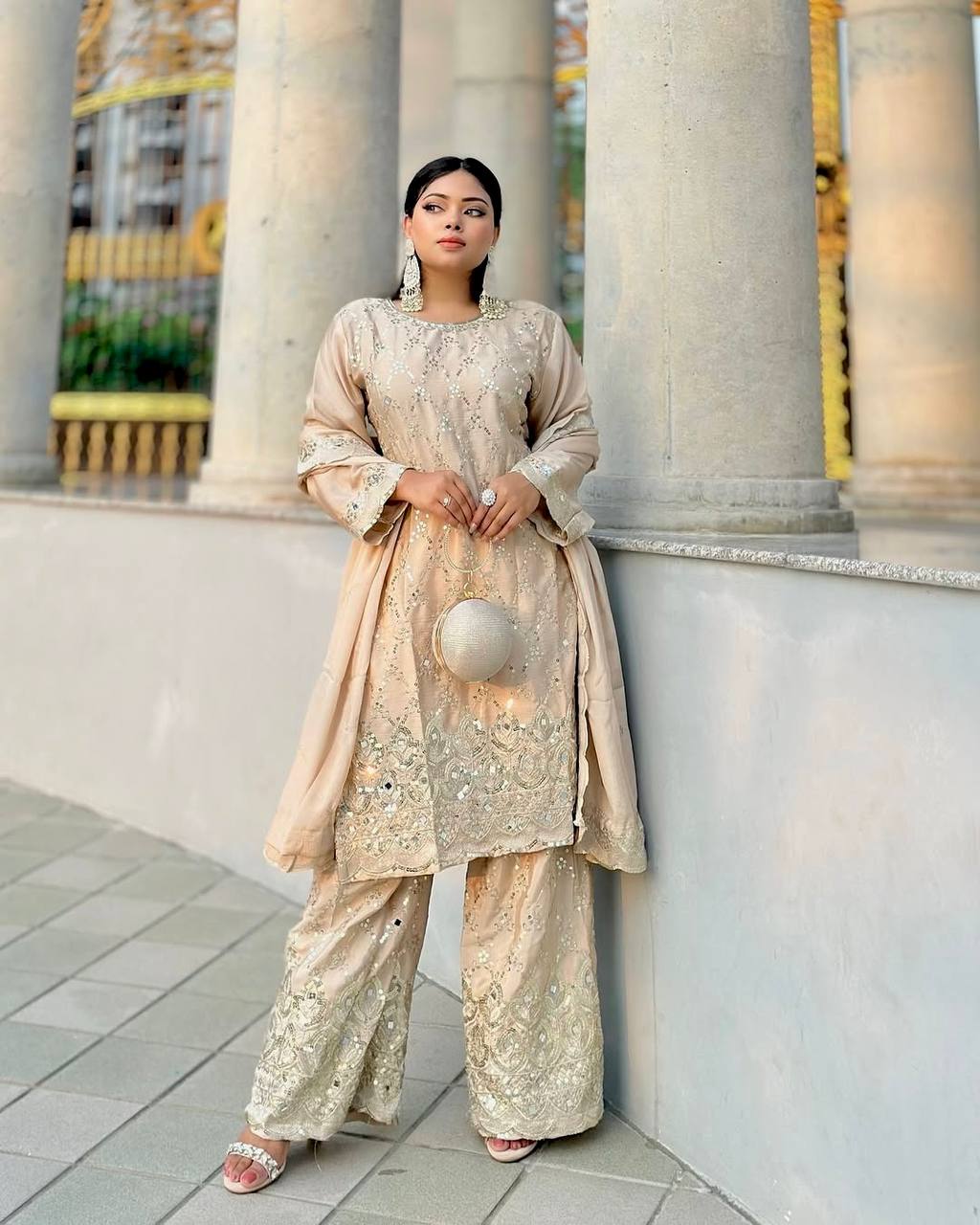 Wedding Wear Cream Color Chinon Silk With Embroidery Sequence Work Sharara Suit
