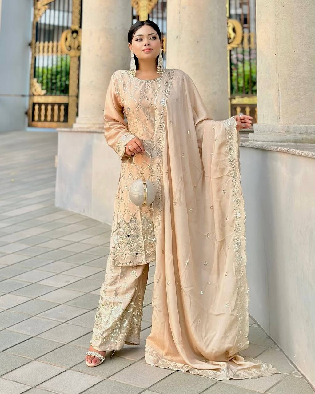Wedding Wear Cream Color Chinon Silk With Embroidery Sequence Work Sharara Suit