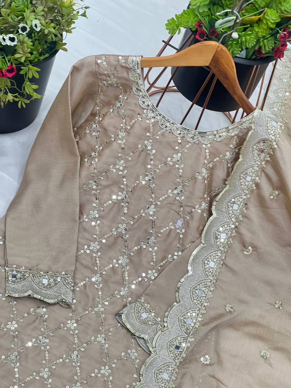 Wedding Wear Cream Color Chinon Silk With Embroidery Sequence Work Sharara Suit