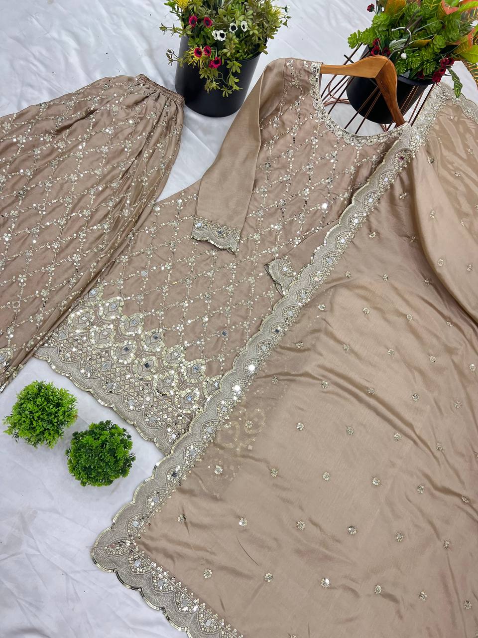 Wedding Wear Cream Color Chinon Silk With Embroidery Sequence Work Sharara Suit