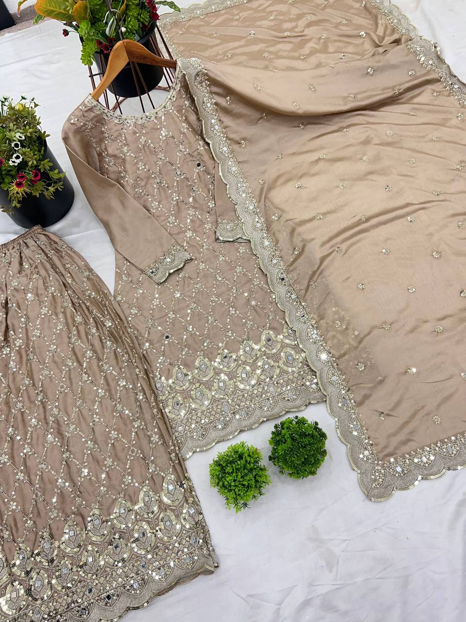 Wedding Wear Cream Color Chinon Silk With Embroidery Sequence Work Sharara Suit