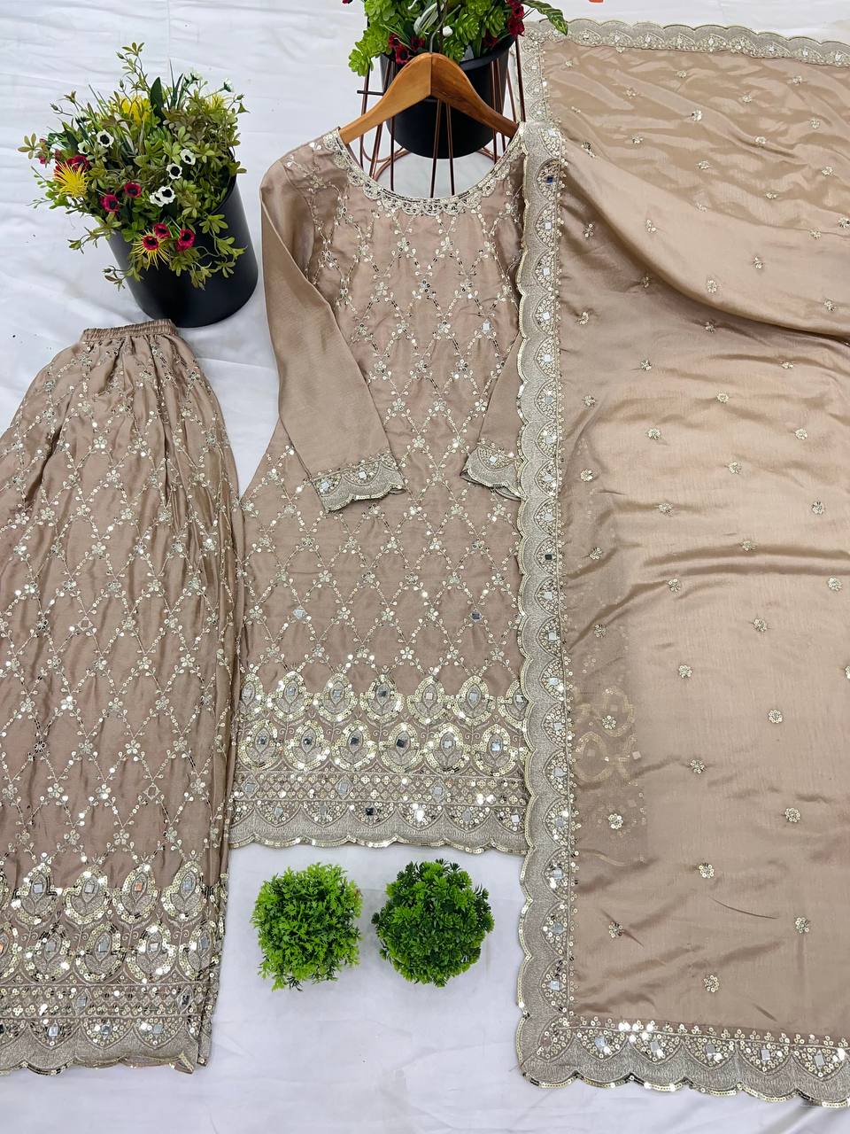 Wedding Wear Cream Color Chinon Silk With Embroidery Sequence Work Sharara Suit
