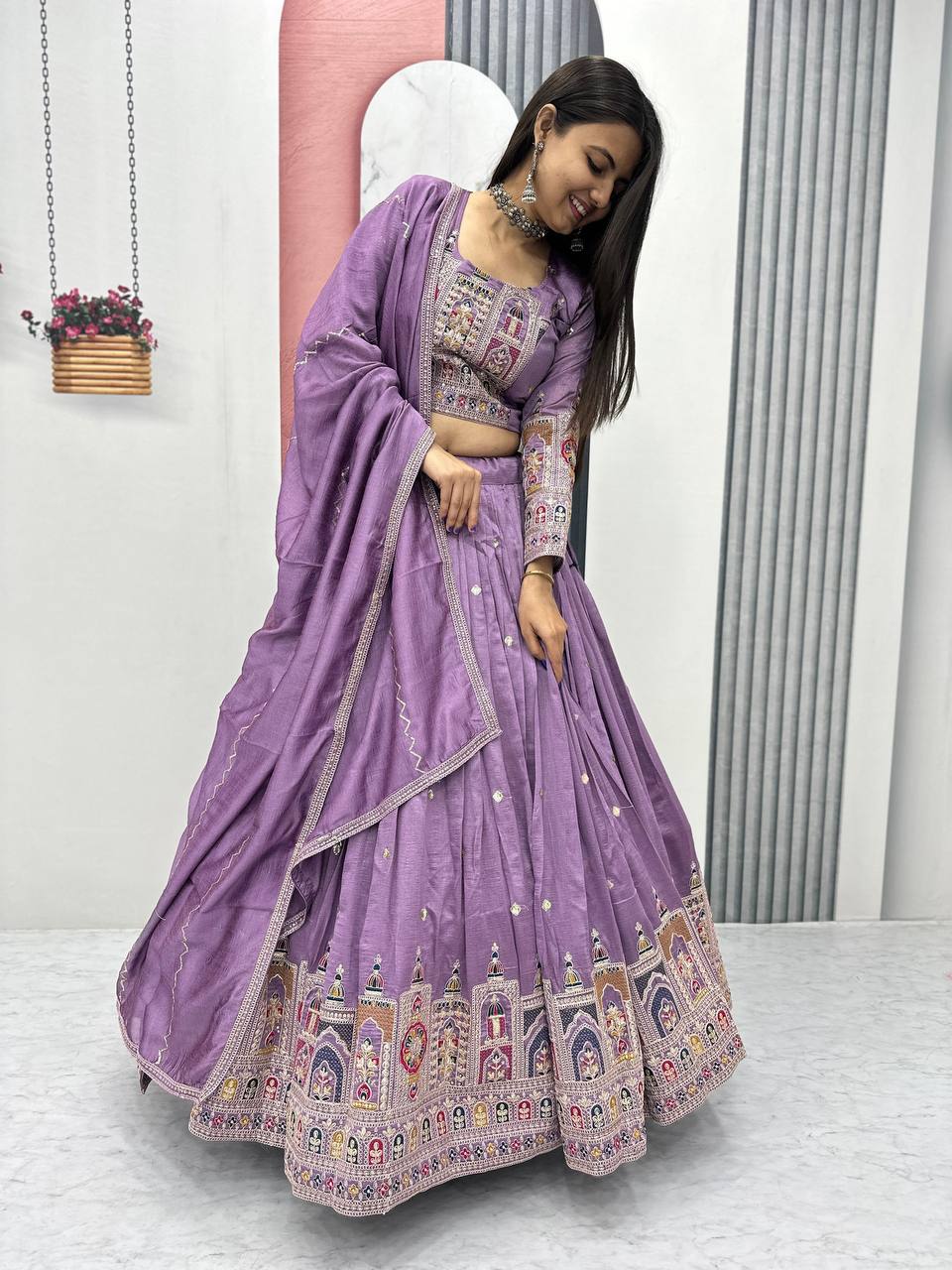 Traditional Wear Light Purple Color Pure Vichitra Heavy Embroidery Coading Sequence Thread Work Lehenga Choli