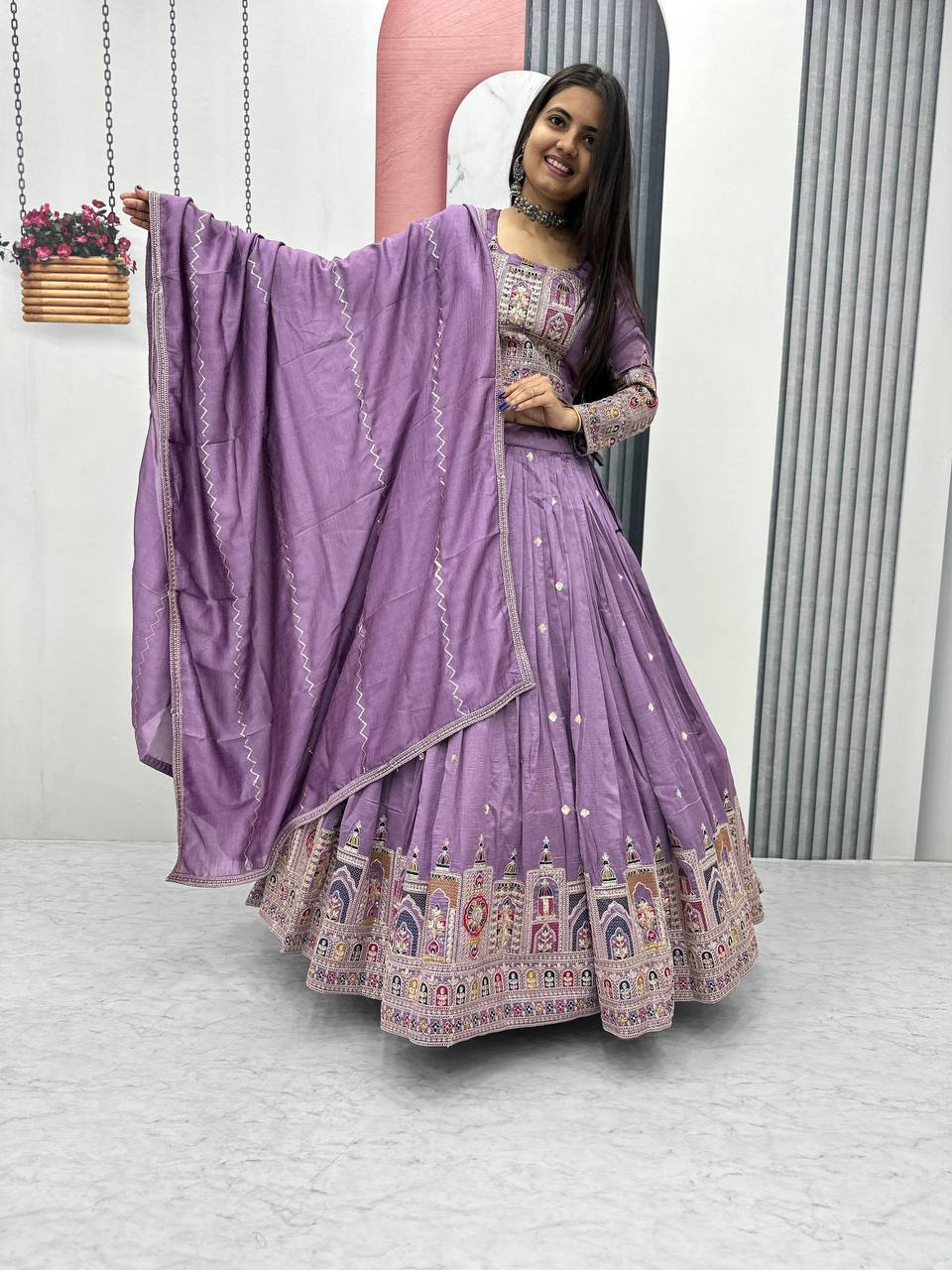 Traditional Wear Light Purple Color Pure Vichitra Heavy Embroidery Coading Sequence Thread Work Lehenga Choli