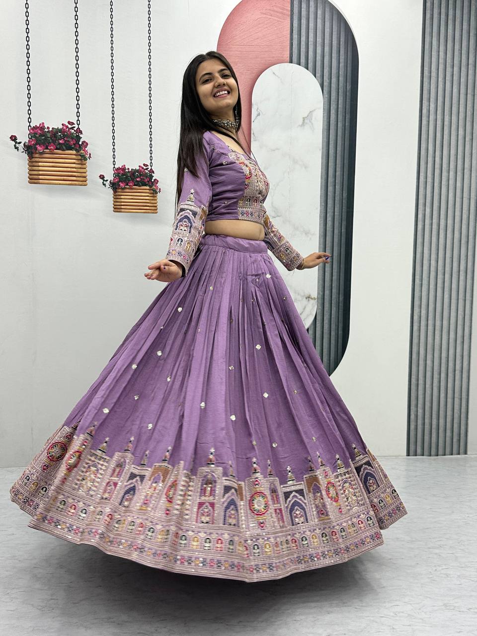 Traditional Wear Light Purple Color Pure Vichitra Heavy Embroidery Coading Sequence Thread Work Lehenga Choli
