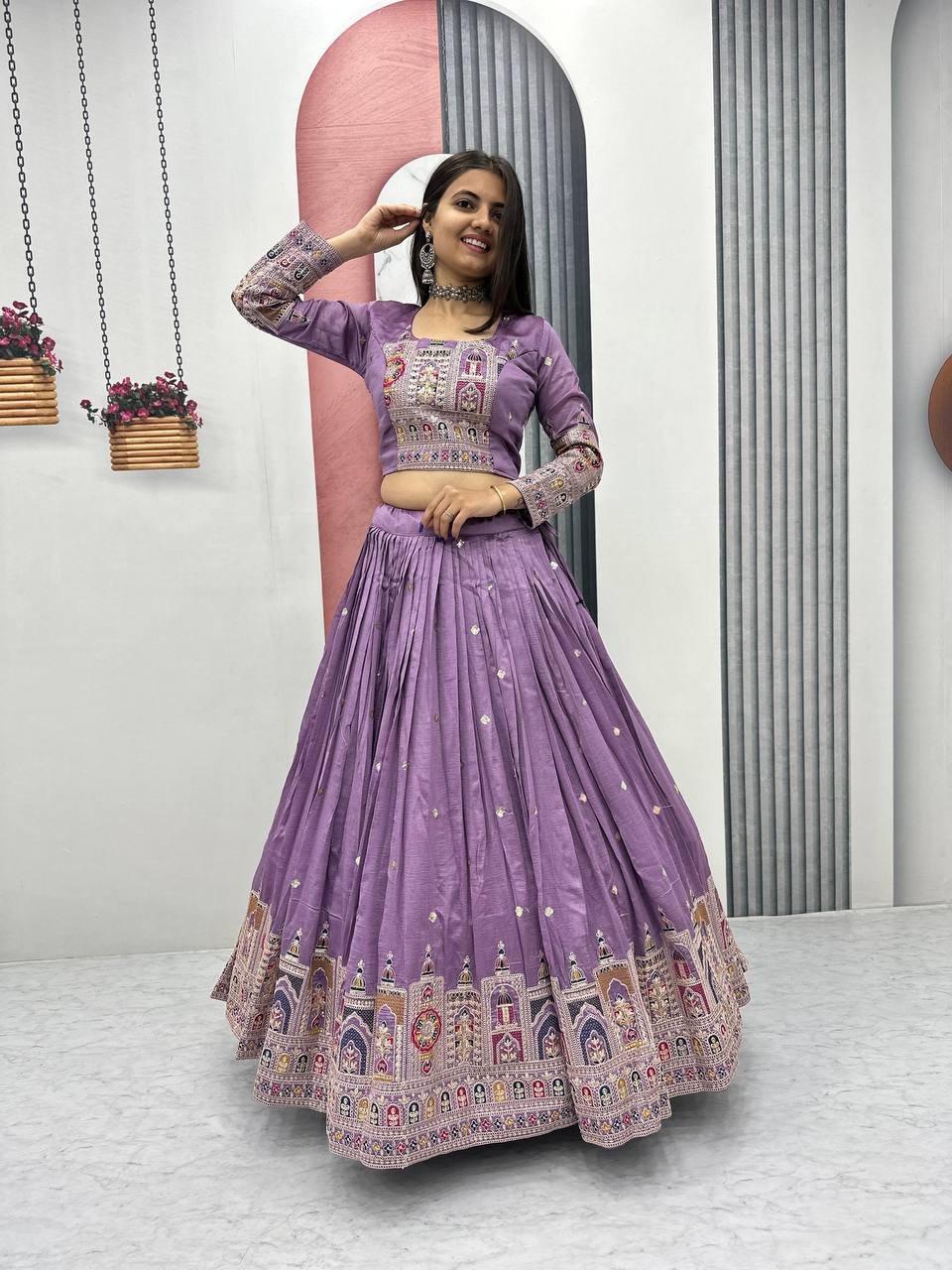 Traditional Wear Light Purple Color Pure Vichitra Heavy Embroidery Coading Sequence Thread Work Lehenga Choli