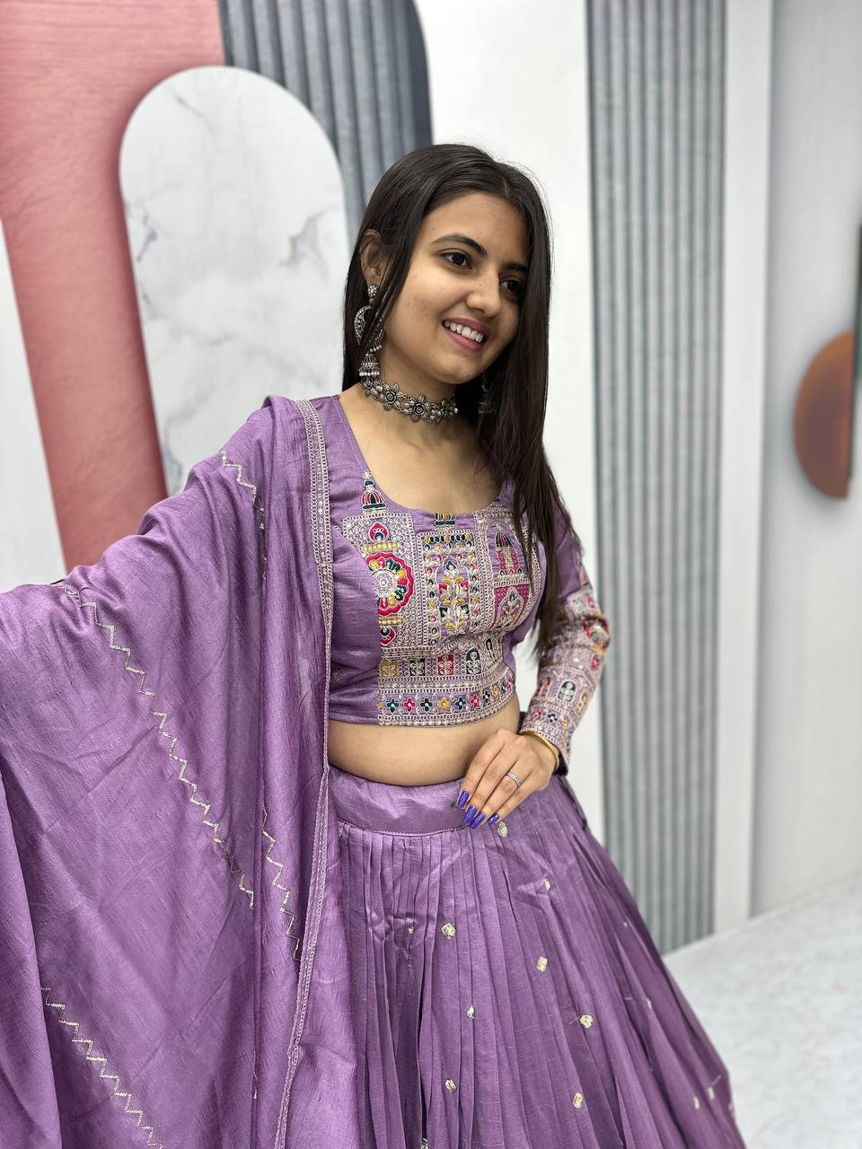 Traditional Wear Light Purple Color Pure Vichitra Heavy Embroidery Coading Sequence Thread Work Lehenga Choli
