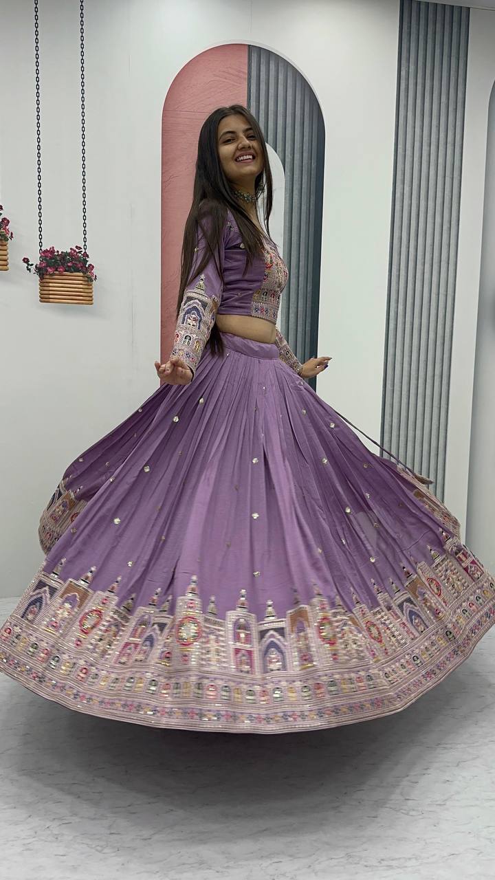 Traditional Wear Light Purple Color Pure Vichitra Heavy Embroidery Coading Sequence Thread Work Lehenga Choli